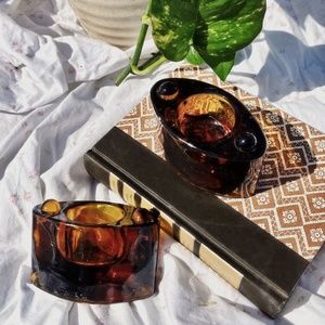 Retro Brown Glass Candle Holders